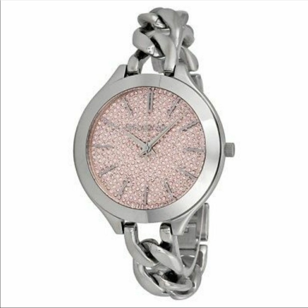 Michael Kors silver watch thin chain pink face